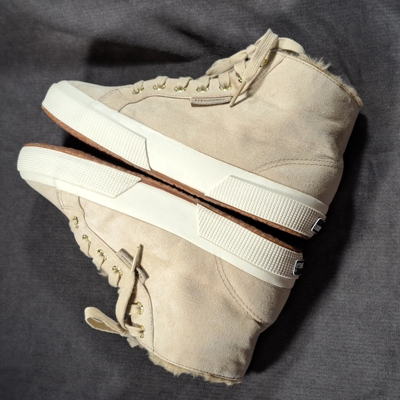 Superga Mono Tan Faux Suede Faux Fur Lined High Top Lace Up Sneakers VG US 5 - Picture 14 of 16